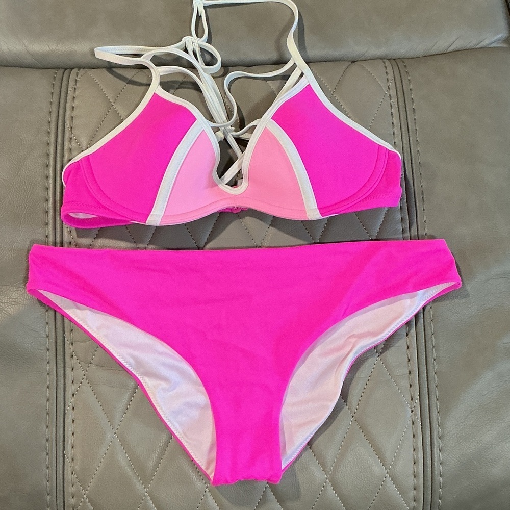 PINK Victoria's Secret Hot Pink & Light Pink Lace-Up Bikini